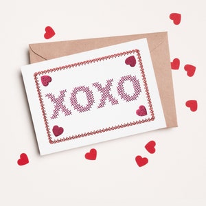 Design ricamo biglietto di nozze, regalo fai da te per anniversario, ricamo XOXO, biglietto di auguri nel telaio, per San Valentino, ricamo ITH