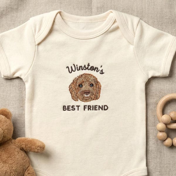 Custom Embroidered Dog Portrait Baby Onesie – Personalized Pet Sibling Outfit
