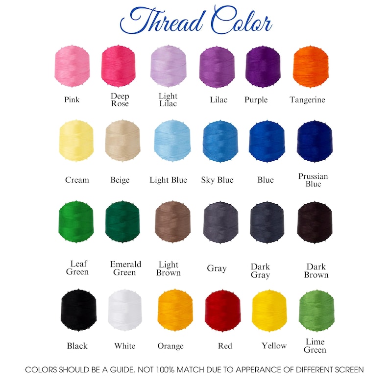 May include: A color chart displaying various thread colors, including pink, purple, and green. The text "Thread Color" is at the top. The chart includes color names like "Pink", "Deep Rose", "Light Lilac", and "Lime Green". The text at the bottom reads: "COLORS SHOULD BE A GUIDE, NOT 100% MATCH DUE TO APPERANCE OF DIFFERENT SCREEN."