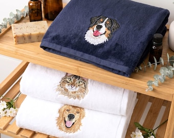 Custom Hand Towels With Embroidered Pet Portrait - Personalized Beach Towels For Dog Mom Dog Dad - Couple Towel Gifts - Pet Lover Gift