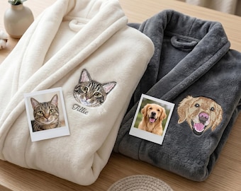 Custom Plush Robe For Women With Pet Portrait From Photo, Embroidered Robe With Dog, Cat Photo, Pet Lover Gift, Honeymoon Gifts For Couple