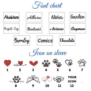May include: A white background displays a font chart with various text styles, including "Akabiluru" and "Allura." Below, an "Icon on sleeve" section showcases embroidered heart and paw print designs, numbered 1 through 12.