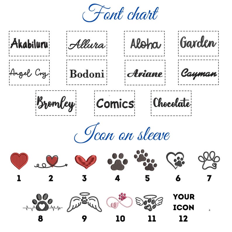 May include: A white background displays a font chart with various text styles, including "Akabiluru" and "Allura." Below, an "Icon on sleeve" section showcases embroidered heart and paw print designs, numbered 1 through 12.