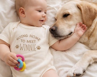 Personalized Going Home to Meet My Pups Onesie®, Embroidered Dog Name Coming Home Outfit, Baby Meets Dog Newborn Hospital Outfit Gift