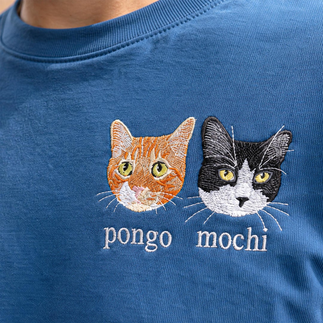Personalized Embroidered Cat Portrait Shirt From Photo - Custom Cat Dad Shirt With Names - Christmas Gift for Boyfriend