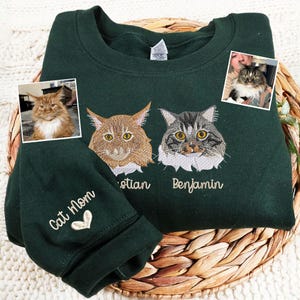 Moletom bordado de mãe de gato para mulheres - gola redonda com retrato de animal de estimação personalizado a partir de foto - presente personalizado para amantes de gatos - presente de aniversário para mãe