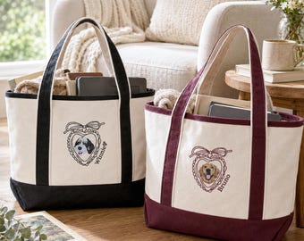 Personalized Pet Portrait Tote Bag, Embroidered Dog Canvas Bag, Heart Locket Pet Mom Tote, Pet Memorial Gift