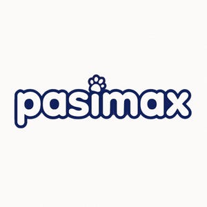 May include: The word "pasimax" in a bold, dark blue font with a white outline. A small paw print icon is above the letter "i". The background is a textured, off-white color.