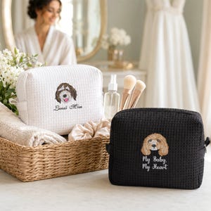Broderad sminkväska för husdjur, personlig sminkväska för hundporträtt, anpassad reseväska för hundmamma, necessär för hundar, present till hundälskare
