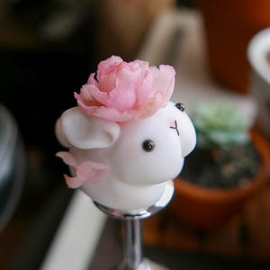 Peony Bunny Figurine: Handmade Polymer Clay Collectible