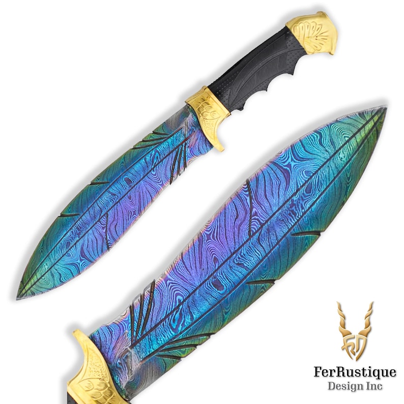 May include: A handcrafted knife with a blue and purple iridescent Damascus steel blade and a black handle with gold accents. The blade has a feather pattern and the handle has a floral design. The knife is displayed on a white background.