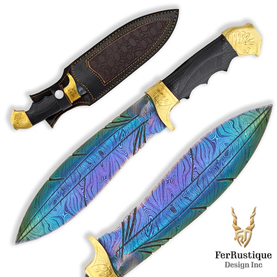 Artistic Damascus Steel Knife – Rainbow Blade & Ornate Golden Detailing