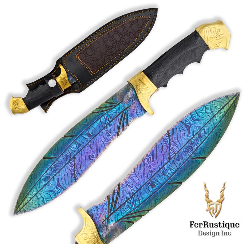 May include: A large, iridescent blue and purple knife with a gold handle and a black leather sheath. The blade has a feather pattern etched into it.