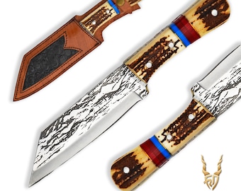 Handmade Stag Antler Knife – 12-Chrome Stainless Steel Tanto Blade with Laser Etching
