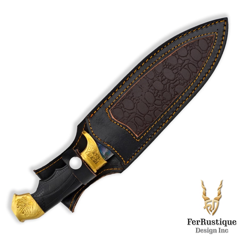 May include: A black leather sheath with a gold-trimmed knife inside. The sheath has a textured pattern and yellow stitching. The knife has a black handle and a gold blade.