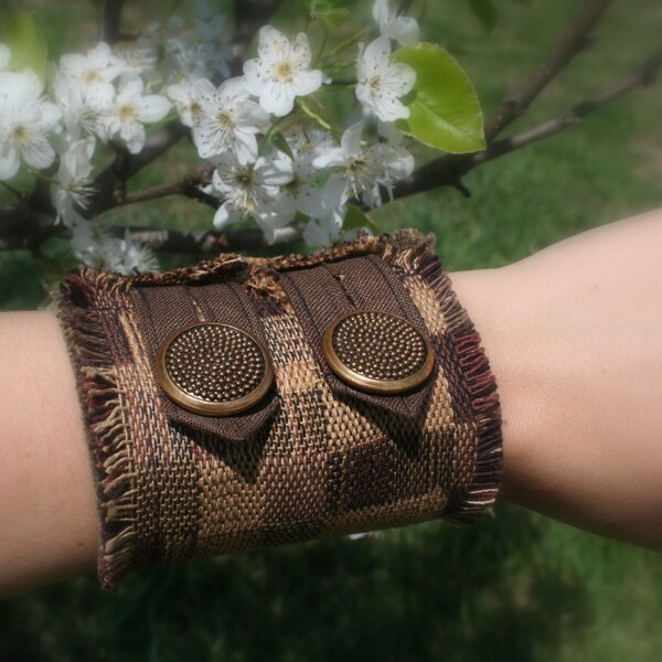 Brown Wrist Cuff Bracelet unisex upcycled plaid cotton eco-friendly unique OOAK men women