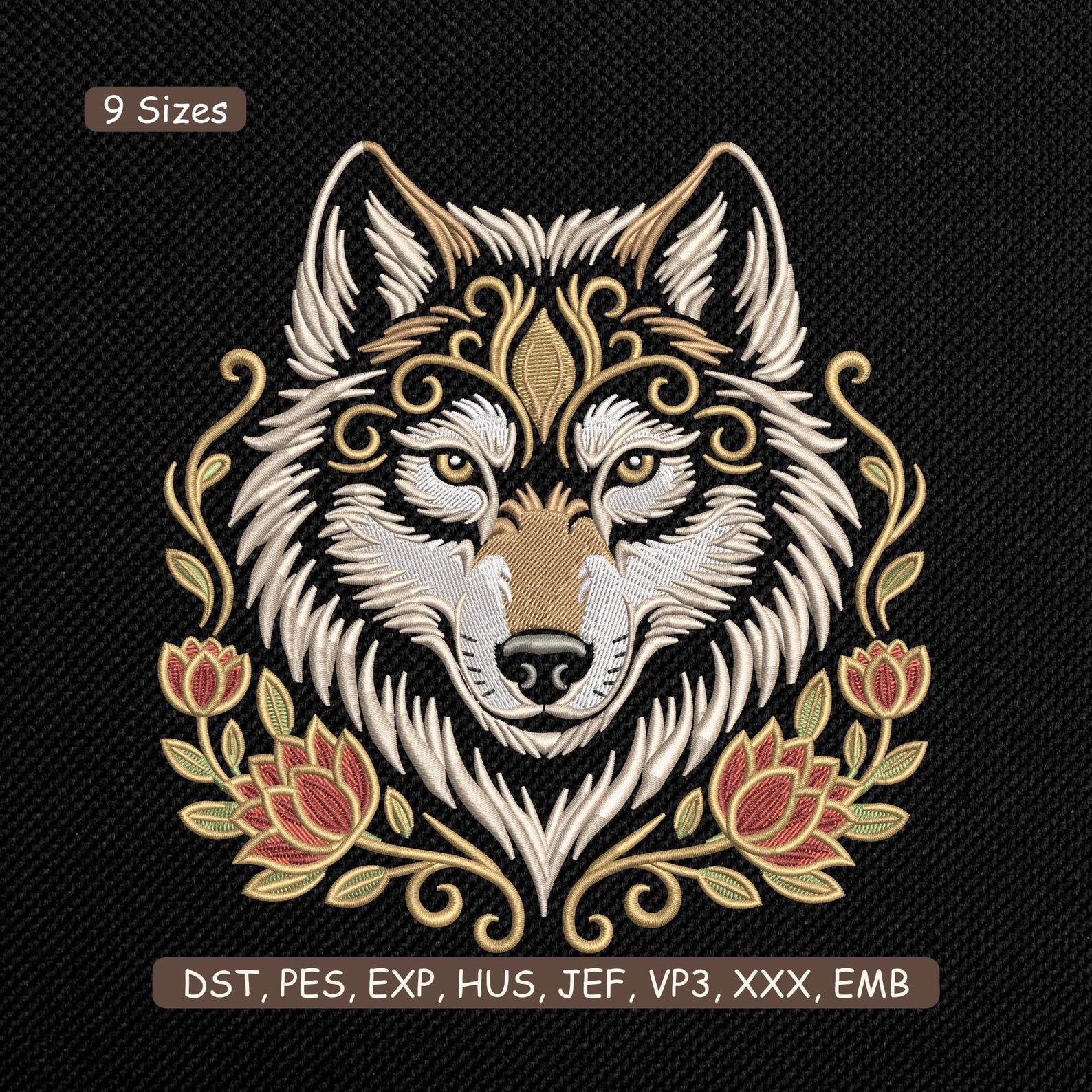 Wolves Dst Wolf Floral Embroidery Design, Majestic Wolf Head With Botanical ...