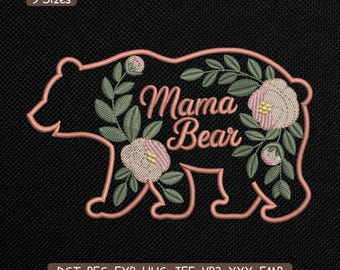 Mama Bear Cubs Embroidery Design, Cute Bear Family Machine Embroidery Pattern – DST PES XXX, 9 Sizes