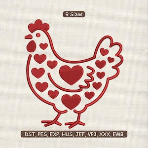 May include: A red embroidered hen design filled with heart shapes. The image includes the text "9 Sizes" at the top and file type abbreviations at the bottom. The hen is a simple outline with heart-shaped details.