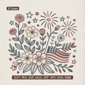 May include: An embroidered design with flowers, stars, and fireworks in red, white, and blue. An American flag is also included in the design. The text "9 Sizes" is at the top, and the file types are listed at the bottom.