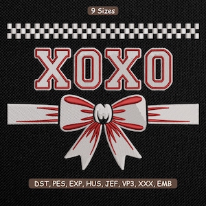 May include: Embroidered design on black fabric featuring the letters "XOXO" in red and white, a white bow with red accents, and a checkered border. The text "9 Sizes" is at the top.