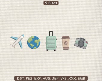 May include: An embroidered design featuring travel-themed icons: a light blue airplane, a globe with green continents, a mint green suitcase, a coffee cup, and a camera. The text "9 Sizes" and embroidery file formats are also included.