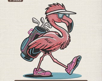 Broderidesign för flamingogolfare, maskinbroderimönster för rolig golfälskare – ingår i flera storlekar