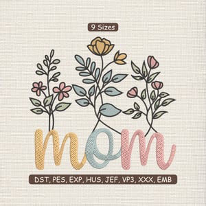 Pode incluir: Design floral bordado com a palavra "mãe" em amarelo, azul e rosa. O design inclui flores e folhas em várias cores. O texto "9 Tamanhos" está no topo e os tipos de arquivo estão listados na parte inferior.