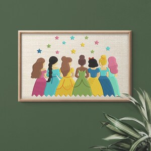 May include: Embroidered artwork featuring seven figures in colorful gowns, each with unique hairstyles. The figures are arranged in a row, facing away, with a scattering of star-shaped embellishments above. The artwork is framed in a light-colored wooden frame.