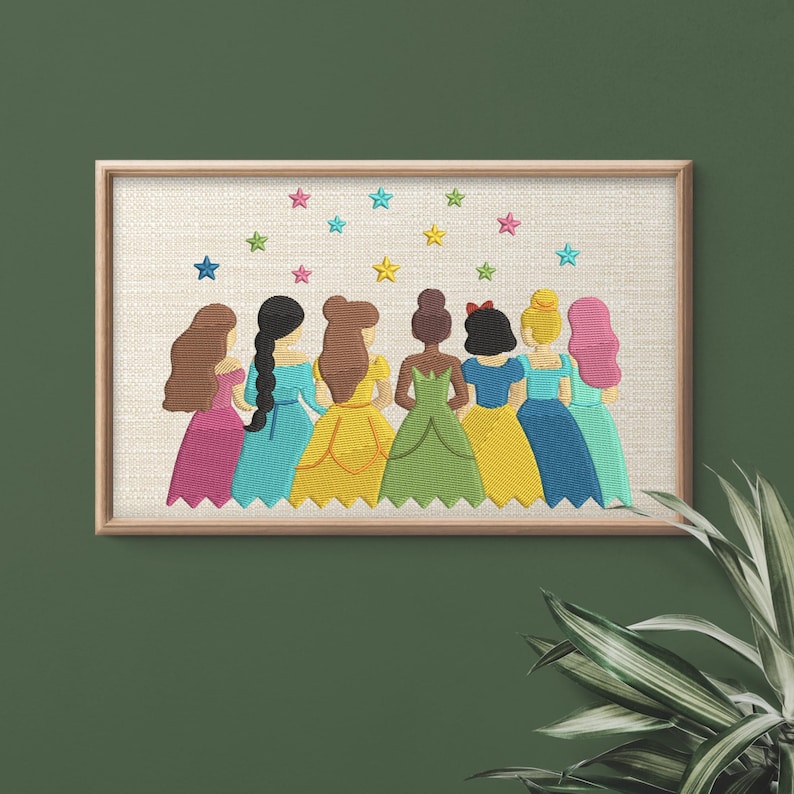 May include: Embroidered artwork featuring seven figures in colorful gowns, each with unique hairstyles. The figures are arranged in a row, facing away, with a scattering of star-shaped embellishments above. The artwork is framed in a light-colored wooden frame.