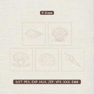 Puede incluir: Imagen con cinco diseños de conchas marinas en beige, cada uno dentro de un marco cuadrado con un borde decorativo. El texto "9 Sizes" está en la parte superior y "DST, PES, EXP, HUS, JEF, VP3, XXX, EMB" en la parte inferior.