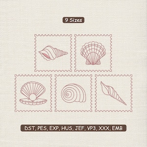 May include: A digital design featuring five seashell illustrations in postage stamp-like frames. The seashells are in various shapes and styles, with a light pink color. The text "9 Sizes" and file formats are also included.