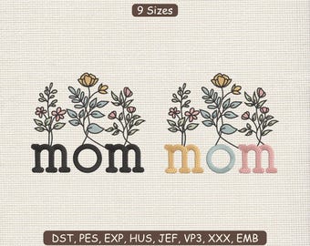 2 Flower Mom Embroidery Design File | Mother’s Day Floral Patch Machine Embroidery Pattern