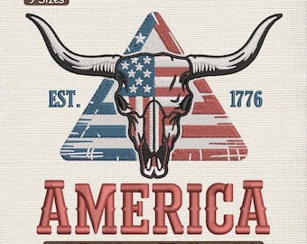 America Bull Skull Embroidery Design, Western USA Patriotic Machine Embroidery Pattern – EXP JEF, 9 Sizes