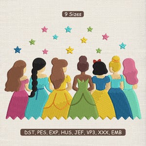 Puede incluir: Un diseño bordado con siete princesas de dibujos animados con vestidos coloridos, con varios peinados, de pie juntas. Encima, estrellas bordadas en tonos de azul, rosa y amarillo. También se incluye el texto "9 Sizes" y formatos de archivo de bordado.