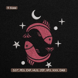 May include: Embroidered design featuring two pink fish swimming in opposite directions, surrounded by white stars, a crescent moon, and dots on a black background. The text "9 Sizes" is at the top, and "DST, PES, EXP, HUS, JEF, VP3, XXX, EMB" is at the bottom.