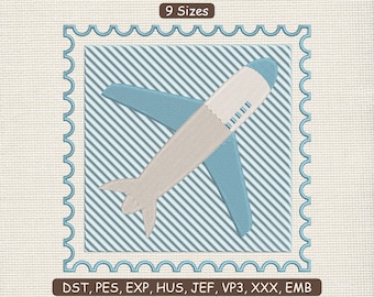 Travel Airplane Stamp Embroidery Design, Machine File DST PES | Instant Download