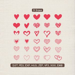 Könnte beinhalten: Eine Anordnung roter Herz-Designs in verschiedenen Stilen, angeordnet in Reihen und Spalten. Der Text "9 Sizes" ist sichtbar. Die Herzen variieren von vollflächig bis umrandet, mit Mustern wie Streifen und Punkten.