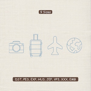 May include: A light blue line art design featuring travel-themed icons: a camera, a suitcase, an airplane, and a globe. The text "9 Sizes" is above the icons. Below the icons is the text "DST, PES, EXP, HUS, JEF, VP3, XXX, EMB".