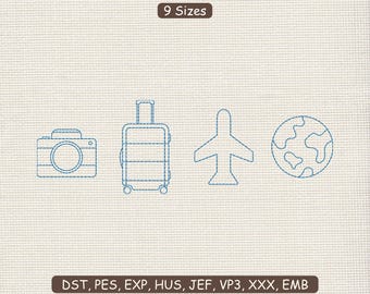 Outline Travel Embroidery Design : Camera, Luggage, Airplane Machine Embroidery File DST PES