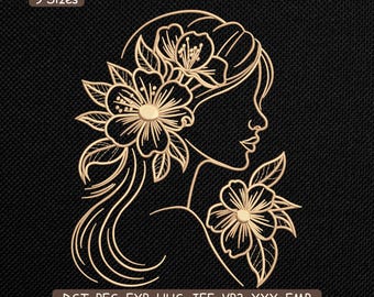 Vintage Floral Women Line Art Embroidery Design, Elegant Botanical Outline Duo Machine Embroidery Art – DST PES JEF, 9 Sizes