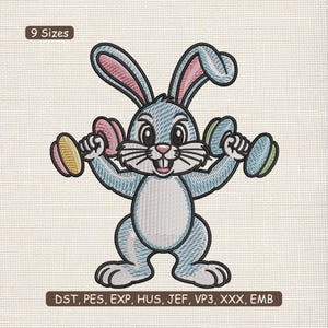 May include: Embroidered design of a blue bunny lifting dumbbells. The bunny has pink inner ears and is smiling. The image includes the text "9 Sizes" and a list of file formats: DST, PES, EXP, HUS, JEF, VP3, XXX, EMB.