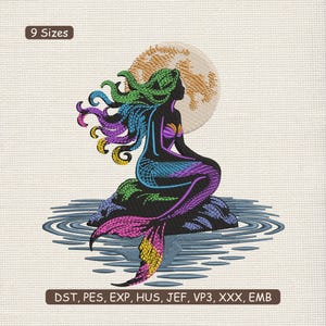 May include: An embroidered design of a mermaid sitting on a rock, with a full moon in the background. The mermaid has colorful hair and tail, with the text "9 Sizes" at the top and embroidery file formats at the bottom.