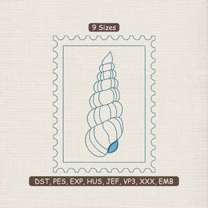 May include: An embroidered seashell design within a postage stamp border. The design is in shades of blue on a neutral background. The text "9 Sizes" is at the top, and the file types are listed at the bottom of the image.