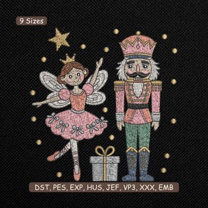 Könnte beinhalten: Gesticktes Design mit einer Ballerina-Fee und einem Nussknacker-Soldaten in Rosa, Gold und Blau auf schwarzem Hintergrund. Das Design beinhaltet eine Geschenkbox und einen Stern. Der Text "9 Größen" und Stickdateiformate sind ebenfalls vorhanden.