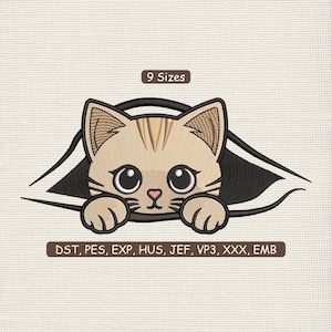 May include: An embroidered design of a tan cat peeking out from a black shape. The cat has large eyes, a pink nose, and paws. The text "9 Sizes" is above the cat, and "DST, PES, EXP, HUS, JEF, VP3, XXX, EMB" is below.