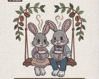 Bunny Couple Garden Embroidery Design, Easter Rabbits Swing Machine Embroidery Pattern – DST PES XXX, 9 Sizes