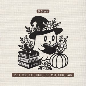 Spooky Ghost With Book Embroidery Design | Halloween Ghost Embroidery Pattern | Bookish Machine Embroidery Files, Spooky Ghost DST, PES