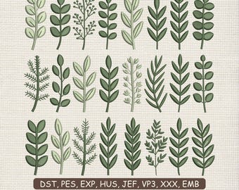 24 leaf With Branch Bundle Embroidery Design, Greenery leaves Embroidery Machine File, 9 Sizes Included