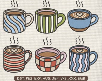 Cozy Coffee Cup Embroidery Design Bundle, Hot Mug Machine Embroidery Pattern, Café Stitch File